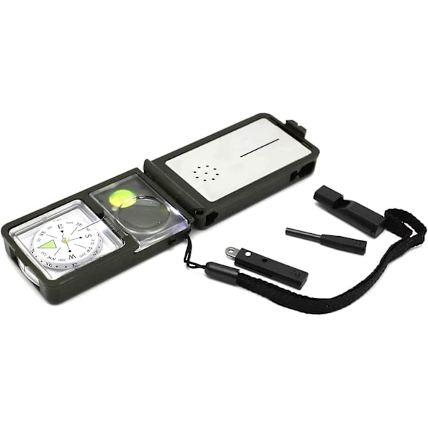10 i 1 Utomhus Multifunktionell Camping Överlevnadskompass Med Nivå, Eldstartare, Visselpipor, Kompass, Linjal, Reflektor, Led Ficklampa, Förstoringsglas