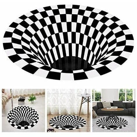 Svartvit Rutmönstrad Rund Matta, 3D Vortex Illusion Matta, 3D Vortex Matta Sovrum Vardagsrum, 3D Area Matta Golvmatta, Vortex Illusion