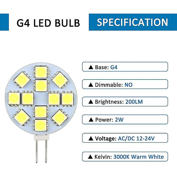 Pack G4 LED-lampa 2W AC/DC 12V Varmvit motsvarande 20W halogenlampa Ej dimbar G4 LED Rund för skåpsbelysning