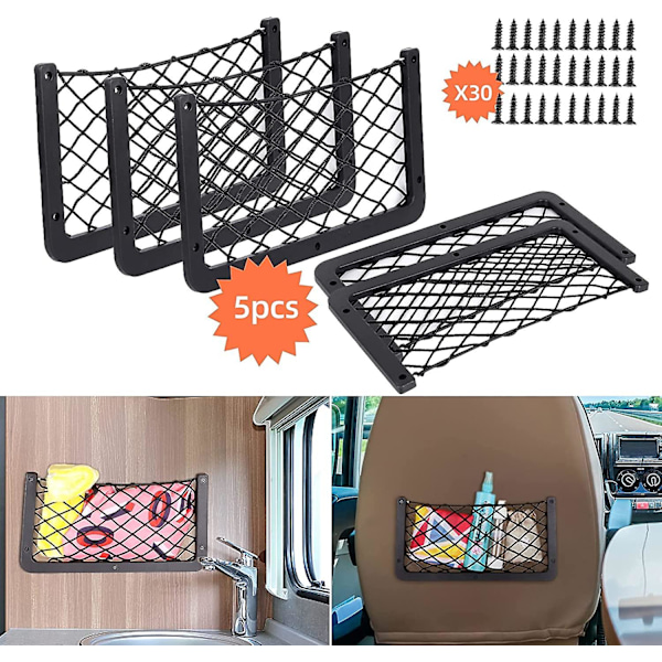 5 stk Elastisk Bil Opbevaringsnet Med 30 Skruer, Bagagerumsorganisatorer Med Plastikramme, Multifunktionel Bil Lomme Organiseringspose Til Campingvogn, Hjem