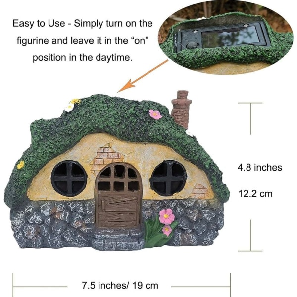 Fairy Garden Statue House Figurine, vakkert peishus med solenergi LED-lys for innendørs utendørs terrasse hage plen