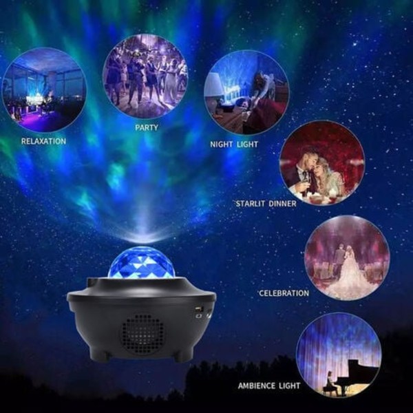 Stjerneprojektorlys Vandmønster Laser Stemningslys Musik Bluetooth USB Stjerneklar Soveværelse Natlampe, Sort