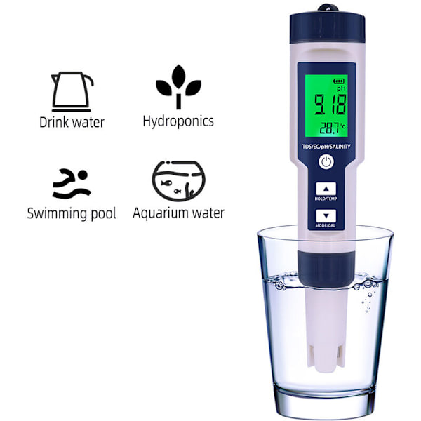 EZ9909PH Multifunktionel PH-Testpen Vandkvalitetstester PH Salt Temperatur TDS EC Fem i En