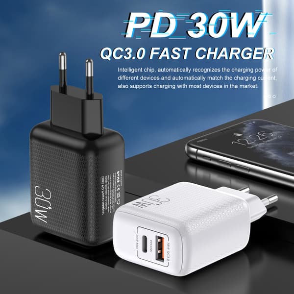 1 stk. sort QC3.0 hurtigopladende PD-oplader 20W egnet til Apple