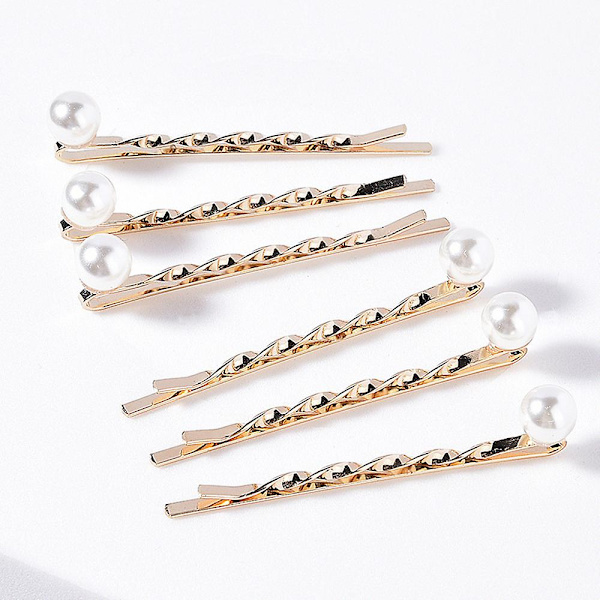 Pakke med 6 perlehårspenner med kunstige perler, store perler, legering, flat sidepin