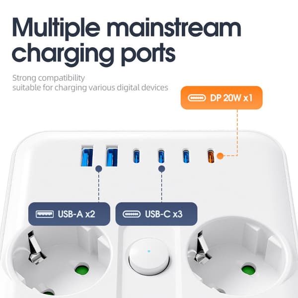 8-veis strømskinne, 1,8 m kabel, hvit, medium
