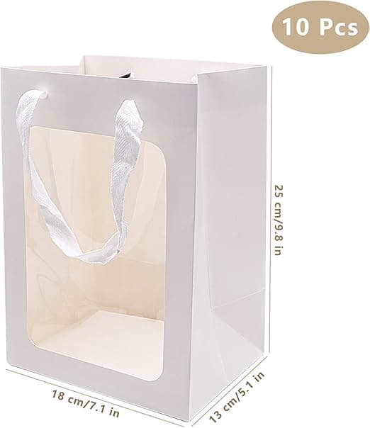 10 hvite transparente gaveesker, hvite gaveposer med håndtak,
