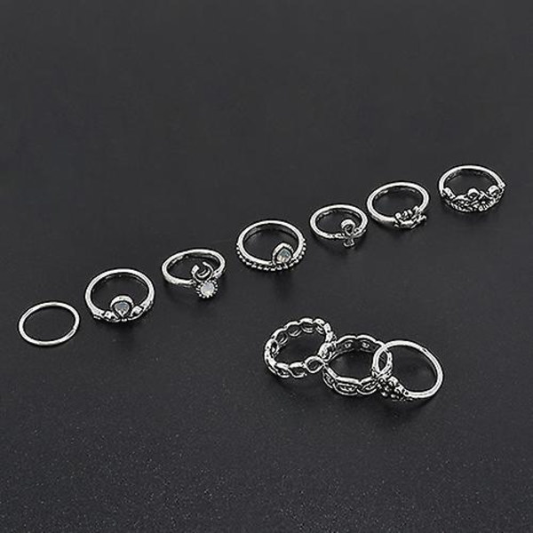 10 kpl/setti Retro Boho Elefantti Kukka Kuu Yläpuolella Nivelten Midi Sormus Korut Silver