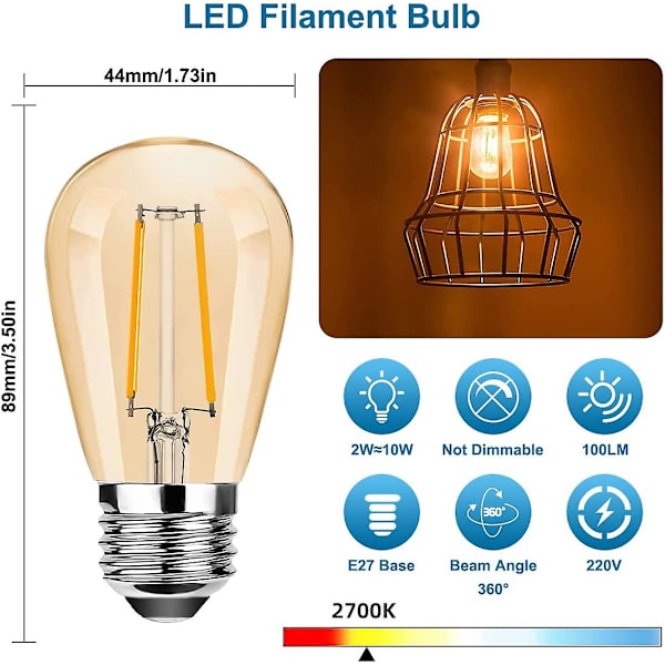 Led E27 S14 2w, Lämmin Valkoinen 2700k Retro Lamput, Lasinen, Ulkokäyttöön Sopiva, Vaihtolamppu, Ei Himmennettävissä, 6 Kpl Pakkaus
