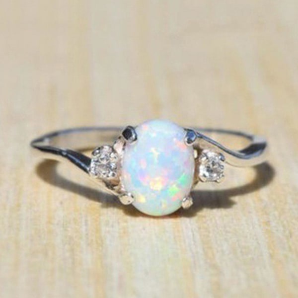 Ring med falsk opal og innlagt rhinstein i kobber - Stilig ring for kvinner til bryllup White US6
