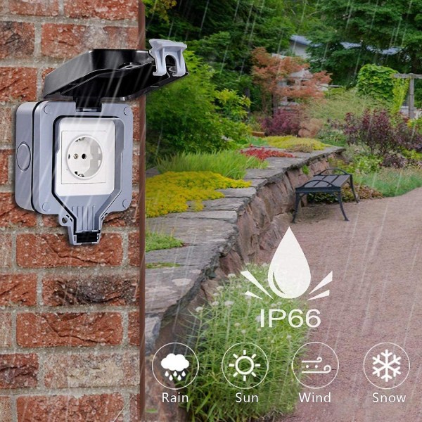 Ip66 väderbeständigt uttag, eluttag utomhus Vattentät och väderbeständig kopplingsdosa för kök, badrum, garage, pool och trädgård (endast)