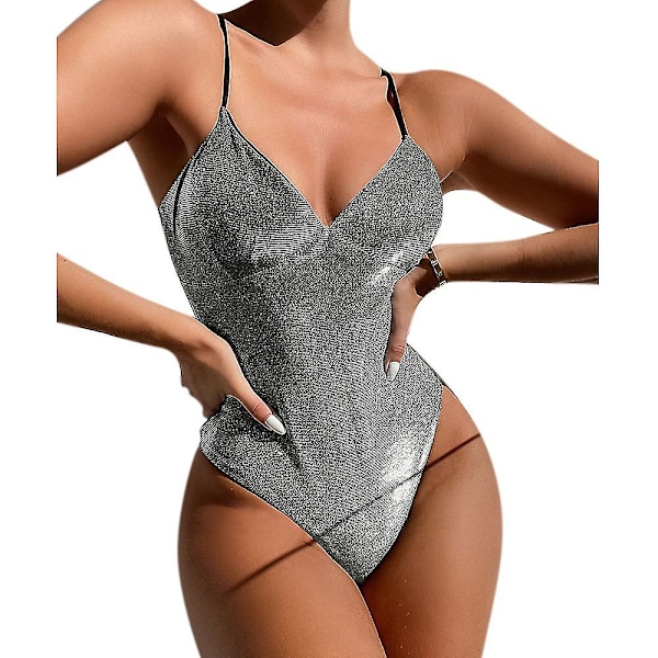 Glitterende Monokini Badedrakt for Kvinner med Push-Up Effekt, Endelt Badetøy Grey M