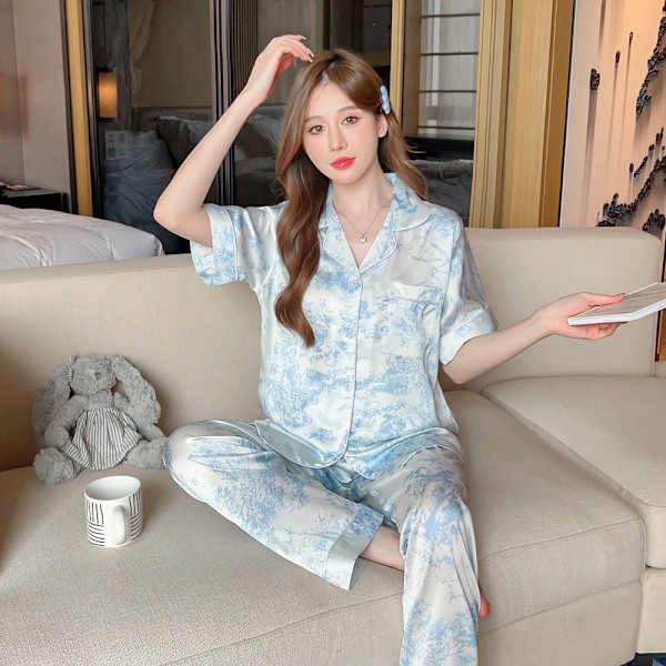 Pyjamas til kvinder, langærmet i silke-look, let luksus, blonder, tynd, til hjemmet, forår og sommer XL