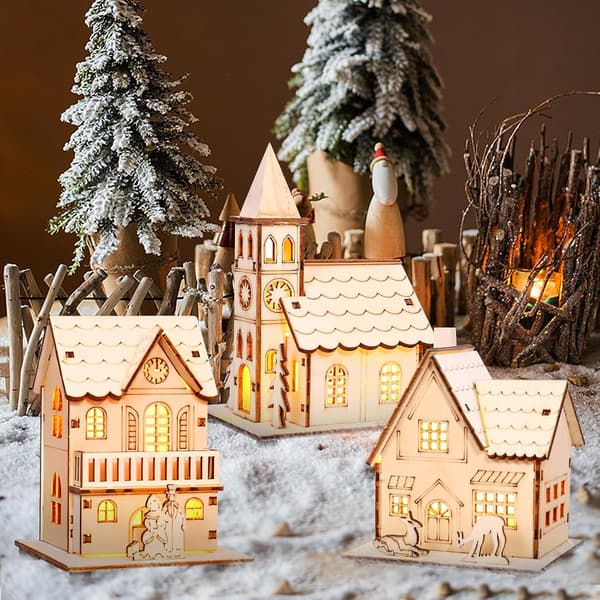 Miniatyr julelandsbyhus med lys, julepynt til bordet, juletrepynt (3 deler).