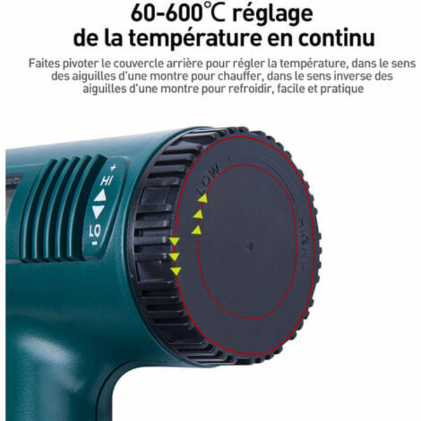 Lämpöpuhallin, kuumailmapuhallin 1800W LCD-digitaalinen näyttö Lämpötila 60 - 600 astetta Celsius Nopea lämmitys, Ilmavirta 300 - 550L