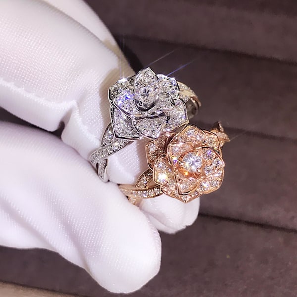Kvinnor Ring Rose Rhinestones Smycken Lätt mode Utseende Finger Ring För Bröllop Rose Gold US 7