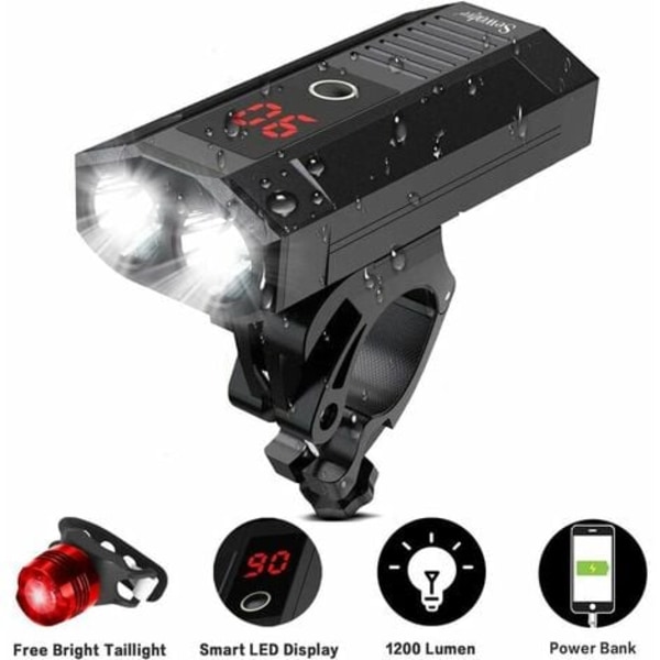 Kraftfuld LED Cykellys, 1200 Lumen Cykellys med LED-Display og Powerbank Funktion, Vandafvisende LED Cykel MTB Lys