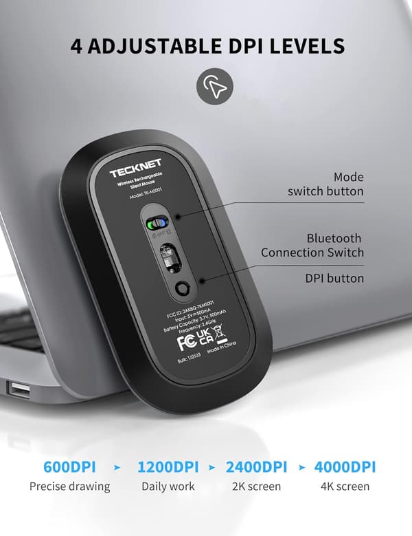 1 stk Oppladbar Bluetooth-mus, 4000 DPI Tre Moduser, Lydløs