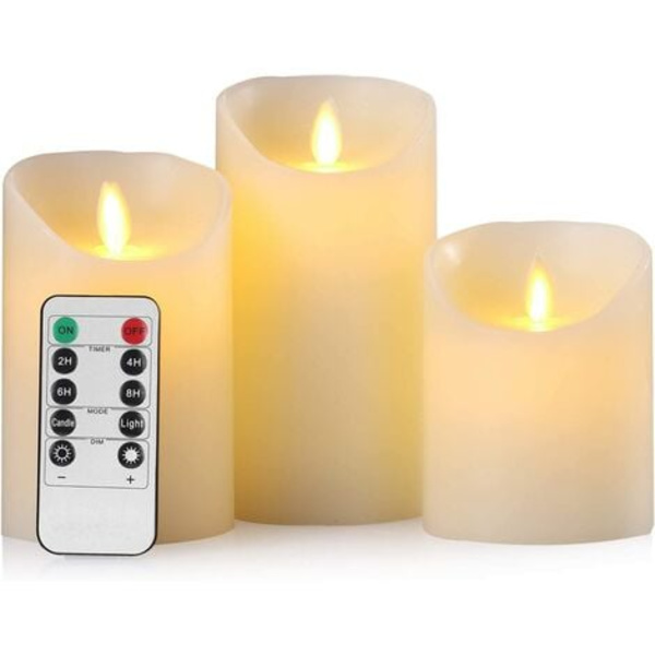 Set med 3 riktiga vaxelektriska LED-ljus med fjärrkontroll och 24 timmars timer (D: 8 x H: 10 x 12,5 x 15 cm)