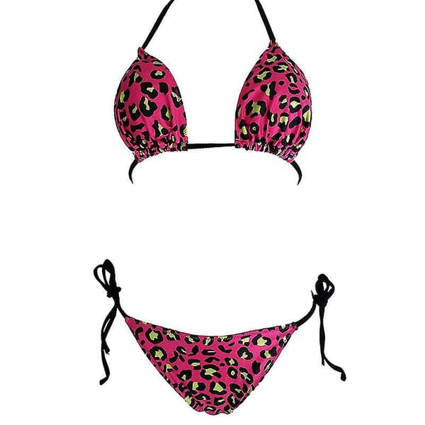 Sexy Bikini Thong Set med Push-Up Polstring for Kvinner - Sommerstrand Badetøy Leopard Rose Red M