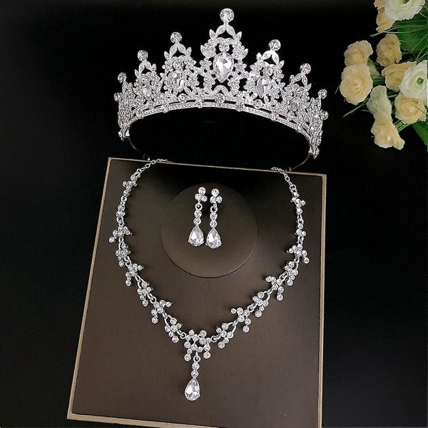 Bröllopsbröllops tiaror Crown Set med örhängen Kit & Necklack Handgjorda lyxiga Crystal hårtillbehör Gold 1