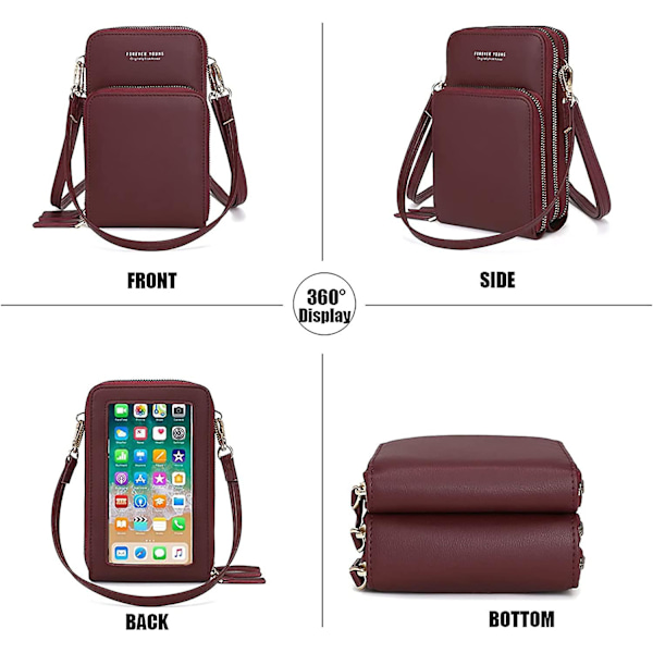Liten Crossbody Mobiltelefonväska för Kvinnor, Mini Messenger Axelväska Plånbok med Kreditkortsfack A916-878 Wine Red
