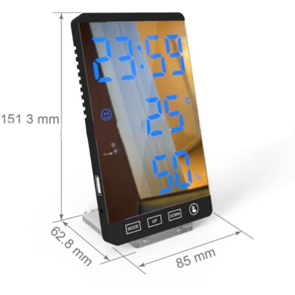 LED spegelklocka, termometer och hygrometer, elektronisk väderklocka, väckarklocka, fet röd text