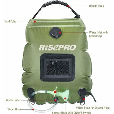 Solardusjpose, 20 liter, camping, temperatur 45°C, vandreture, klatring