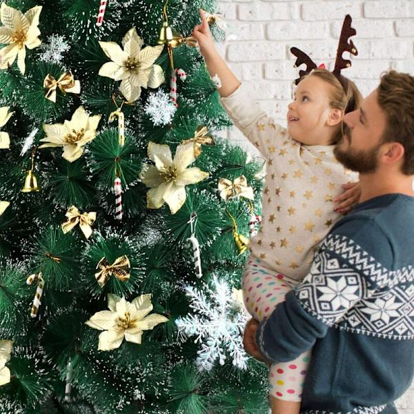 Julgransprydnad, 24 st 5,91 tum konstgjorda glitterblommor julblommor med 12 st rosetter 12 st klocka 36 st snö