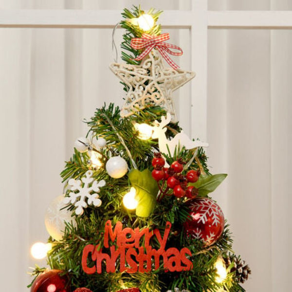 45 cm liten konstgjord julgran, liten julgran med LED-ljus, för högtider, julfester, röd och pinse