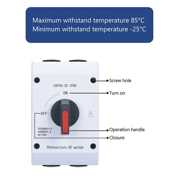 Solcelle PV-omkoblingssbryter DC-frakoblingssbryter Frakoblingssbryter 32A 1200V 4-polet Brønn UKPM-32A-T-IP66