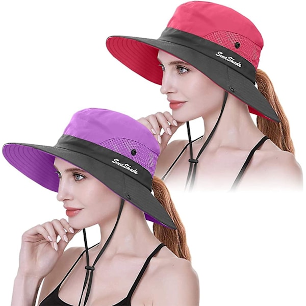 2-pack Damhatt med UV-skydd, bredbrättad Boonie-hatt, hopfällbar, för fiske och vandring Purple   Watermelon Red