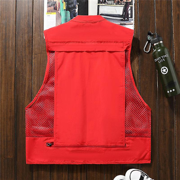 Sommar utomhus mesh cargo väst för män och kvinnor, multi-ficka funktionell fotograferingsväst, fiskehästklämma väst, tunn red XXL
