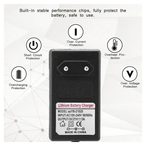 Sikker ladeadapter AC 100-240V DC 21V 2A for litium-ion-batterier, EU-plugg, erstatning