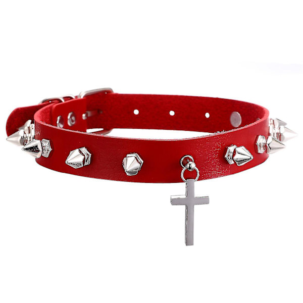 Kors Choker Halsband för Kvinnor Flickor Goth Spikade Chokers Svart Läder Krage Gotisk Smycken Modeaccessoarer red