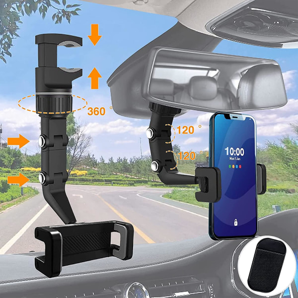 Biltelefonhållare, bilbackspegeltelefonhållare, multifunktionell telefonhållare, universal 360 graders roterande baksäteshållare Bil smartphonehållare
