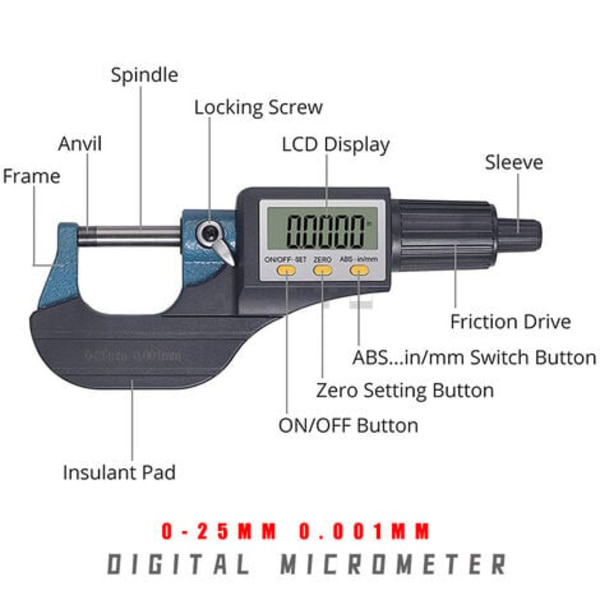 Elektronisk mikrometer Mikrometer Veggtykkelsesmikrometer Digitalt mikrometer 0-25mm 0.001MM