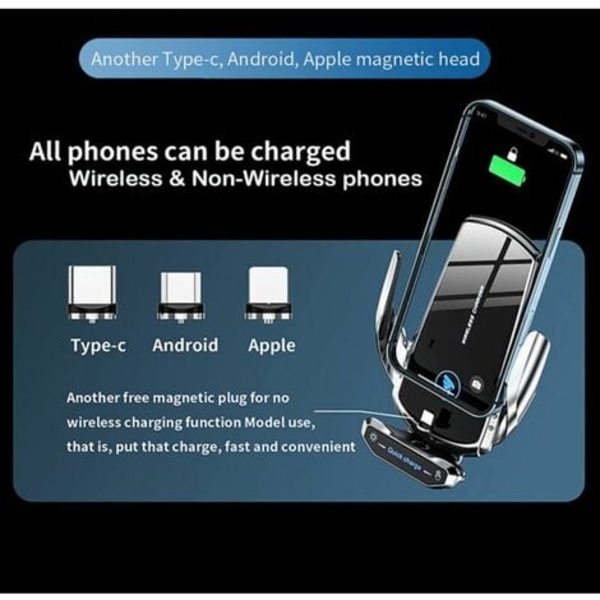 Trådlös billaddare, telefonhållare, automatisk fastspänning, luftventilationsfäste kompatibel med iPhone 13 Pro, 12 Max Mini/11/XS/XR Sa