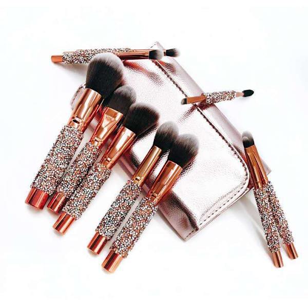 Sæt med 10 makeupbørster 10 diamantbesatte makeupbørster,