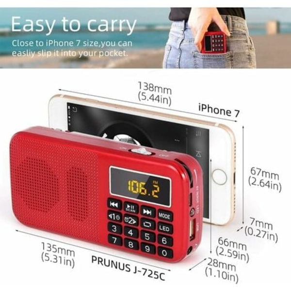 Bærbar Radio, FM Radio med Stort Genopladeligt Batteri (3000mAh), MP3 / SD / USB / AUX Support, Rød