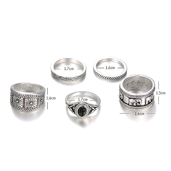 5-pack Carving Elephant Round Stone Stacking Ring för Kvinnor Retro Knuckle Smycken