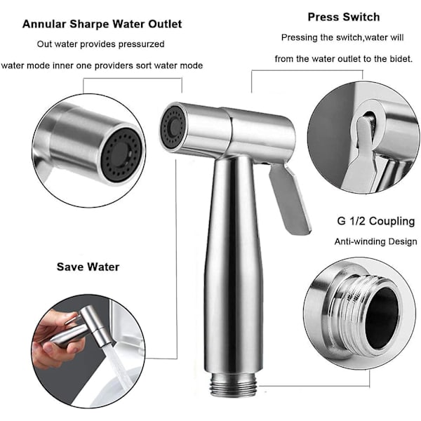 Rustfrit Stål Bidet Toilet Sprøjte Kit, Justerbart Tryk Bidet Sprøjte Håndbruser Til Bidet Hane Perfekt Til Personlig Hygiejne, Rengøringspleje