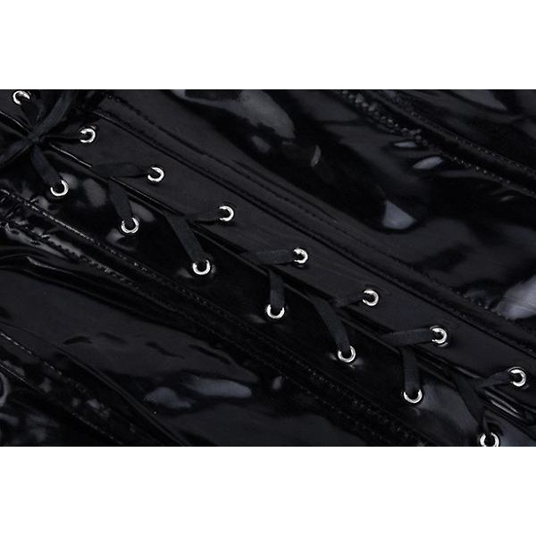 Steampunk-naiset kiiltävä PU-nahkainen Overbust pitkä korsetti mekko vyötärövalmentaja Bustiers Corselet Sexy Deep V-kaula lyhyt ulkoiluvaatteet Black Satin 4XL