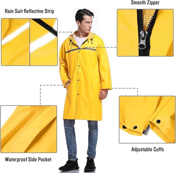 Lang regnjakke med hette for menn, vanntett nødregnfrakk poncho