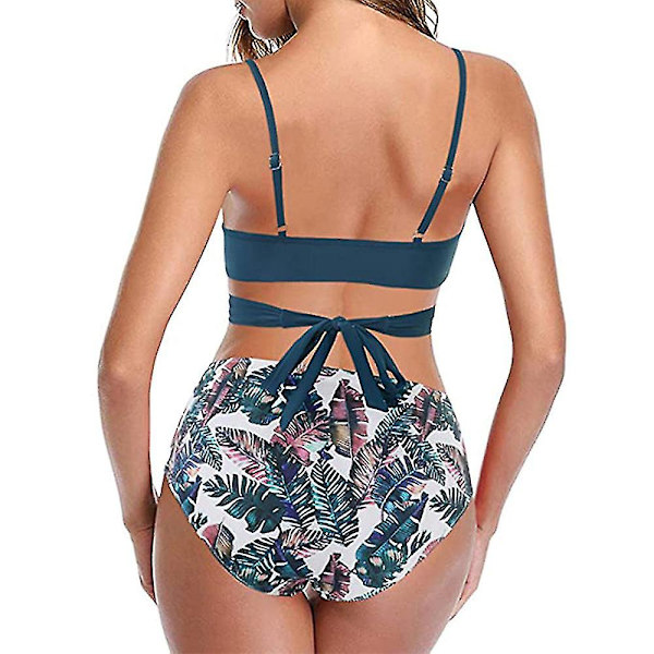 Dam Bikinisätt med Blommönster, Hög Midja, Sommar, Sexig Baddräkt, Strandkläder Blue M