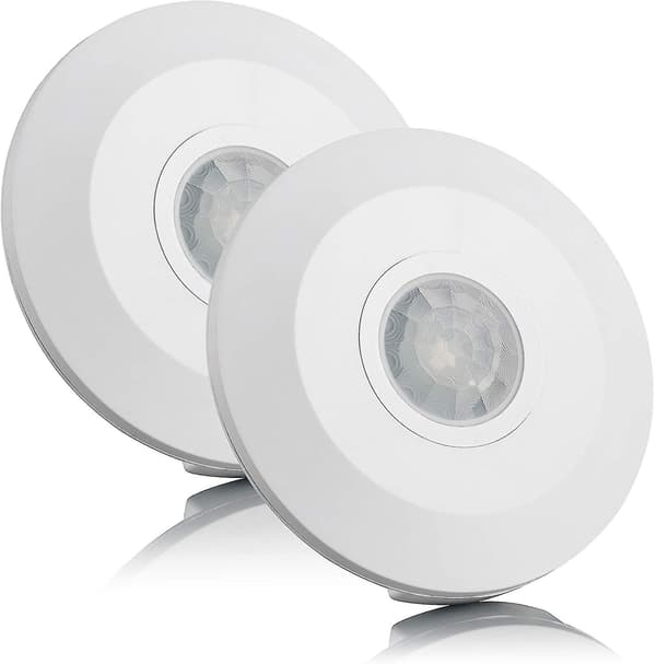 2x Innendørs bevegelsessensor, overflate montering, programmerbar, infrarød sensor, rekkevidde 6m/360, egnet for LED