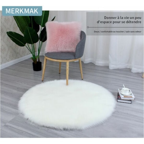 Plys Rug Rund Gulvmatte Imitation Uld Ren Hvid Stue Soveværelse Areal Rug - Rund 100Cm