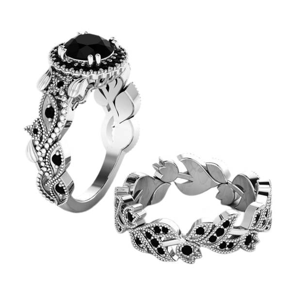 2 stk./sæt Fashion Blomsterblad Rhinestone Dame Bryllup Ring Smykker Tilbehør Silver US 8