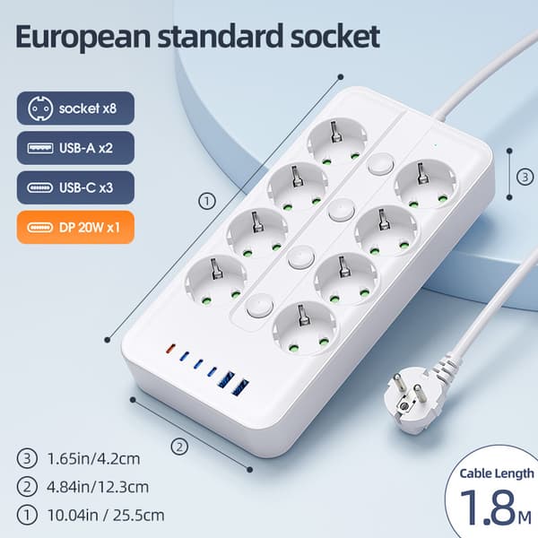 8-veis strømskinne, 1,8 m kabel, hvit, medium