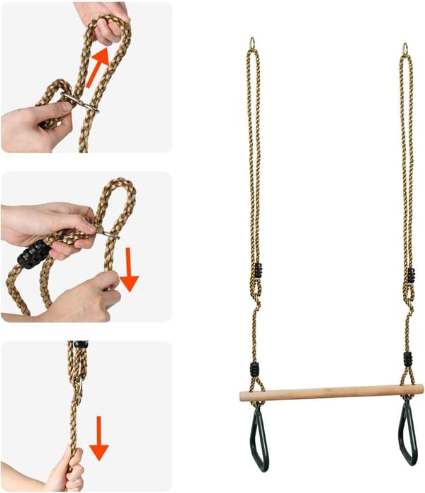 Trätrapets, ringar och gymnastikstång för barn, Grön
